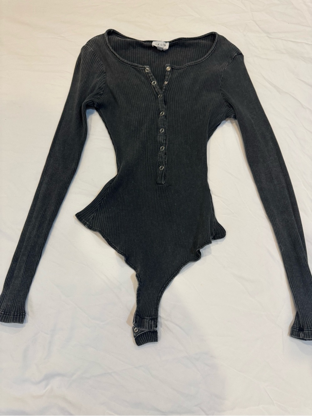 Ribbed Long Sleeve Snap-Front Bodysuit in Washed Black